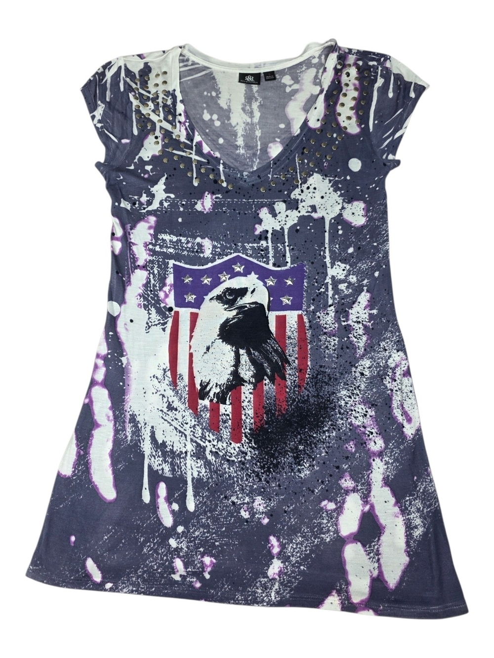 Rock & Republic Purple White and Red Eagle Graphic Cap-Sleeve Top Size Small